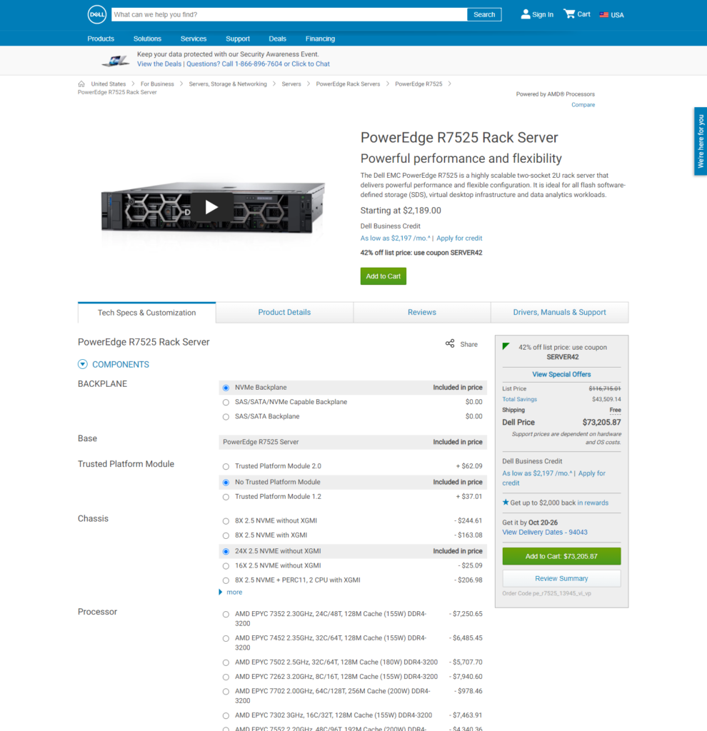 Dell EMC PowerEdge R7525 Configured Price