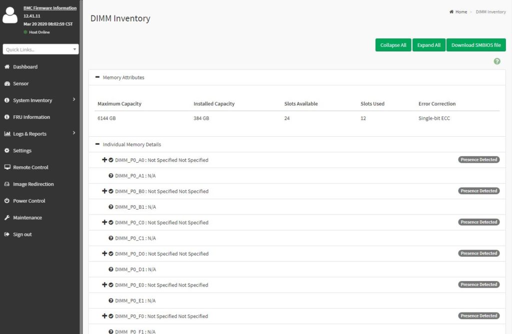 Gigabyte Management Dashboard DIMM Inventory