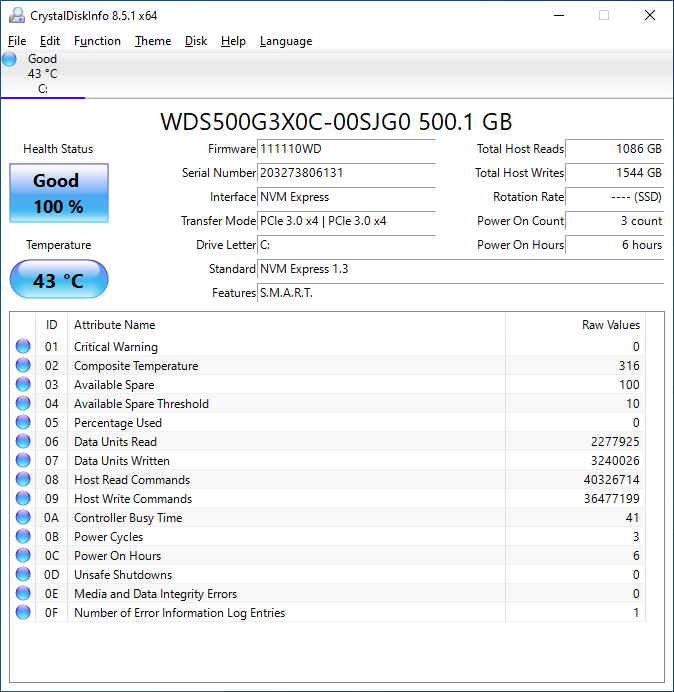 WD Black SN750 500GB CrystalDiskInfo结果
