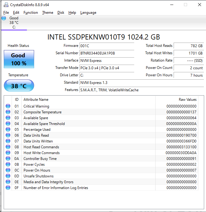 Intel 665p 1TB CrystalDiskInfo