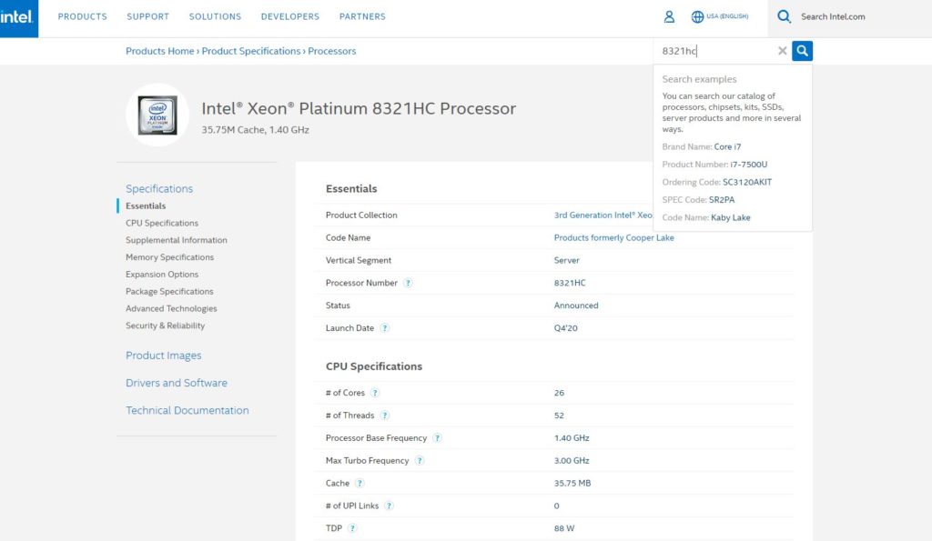 Intel Xeon Platinum 8321HC Ark Not Searchable